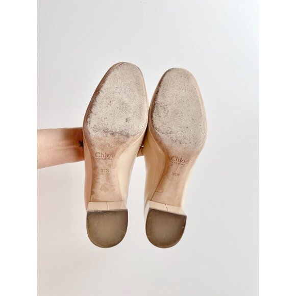 CHLOE Lauren Nude Patent Leather Scalloped Round Toe Block Heel Pumps, Size 38.5 - Picture 13 of 15